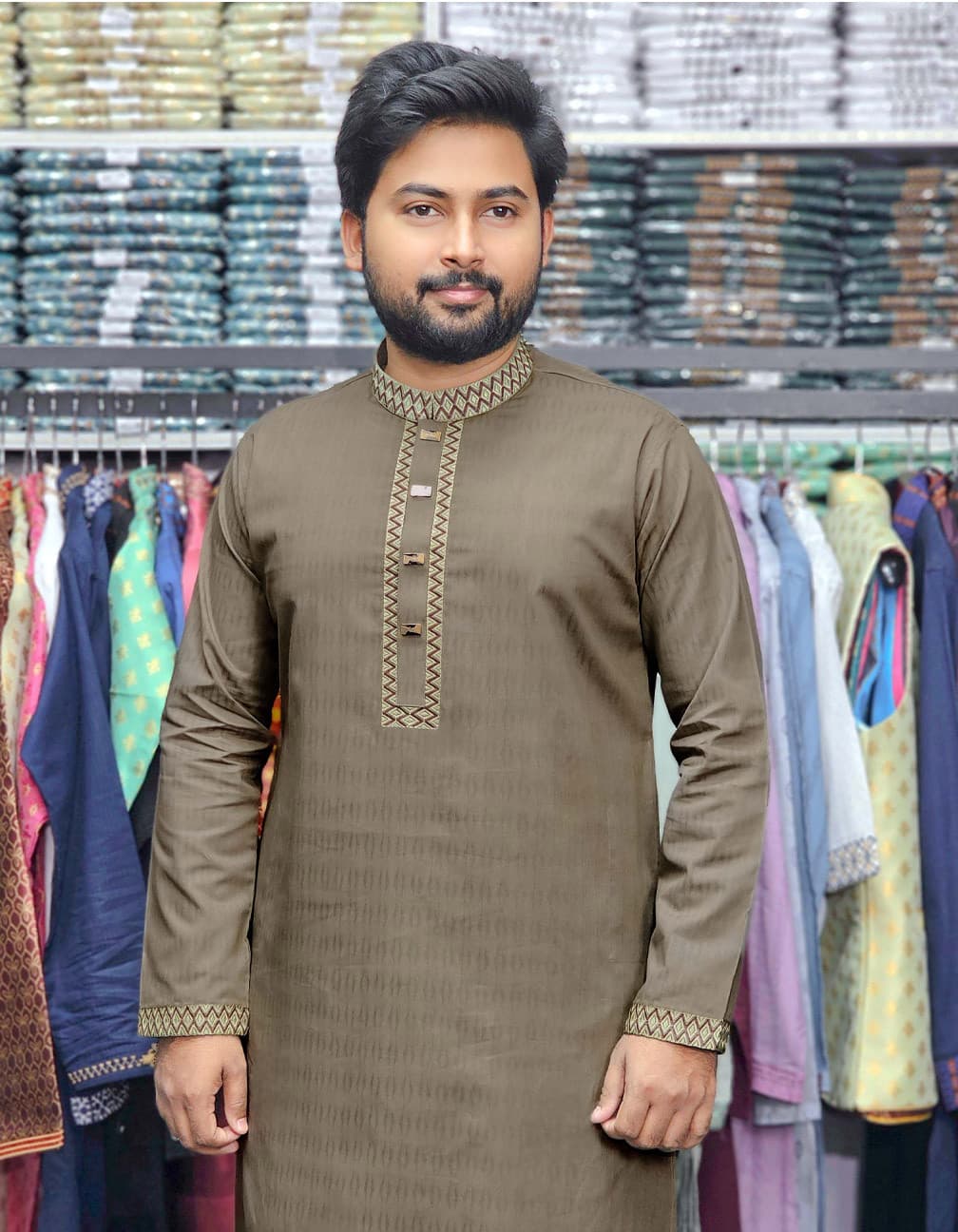 অলিভ গ্রে কালার পাঞ্জাবী। কোড: ১৫০  - Image 1